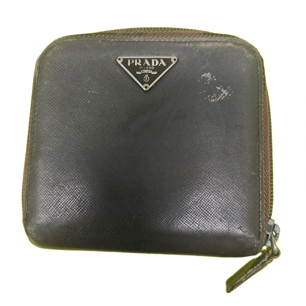 Prada Saffiano Leather Bifold Zip Coin Wallet Brown Triangle Logo Made Italy